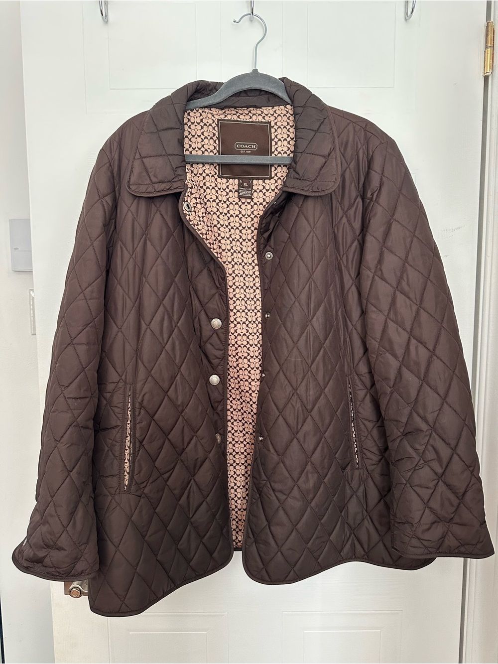 Coach Quilted Dark Brown Jacket with Pink Printed Lining